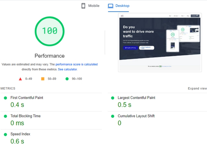 pagespeed insight 100 score